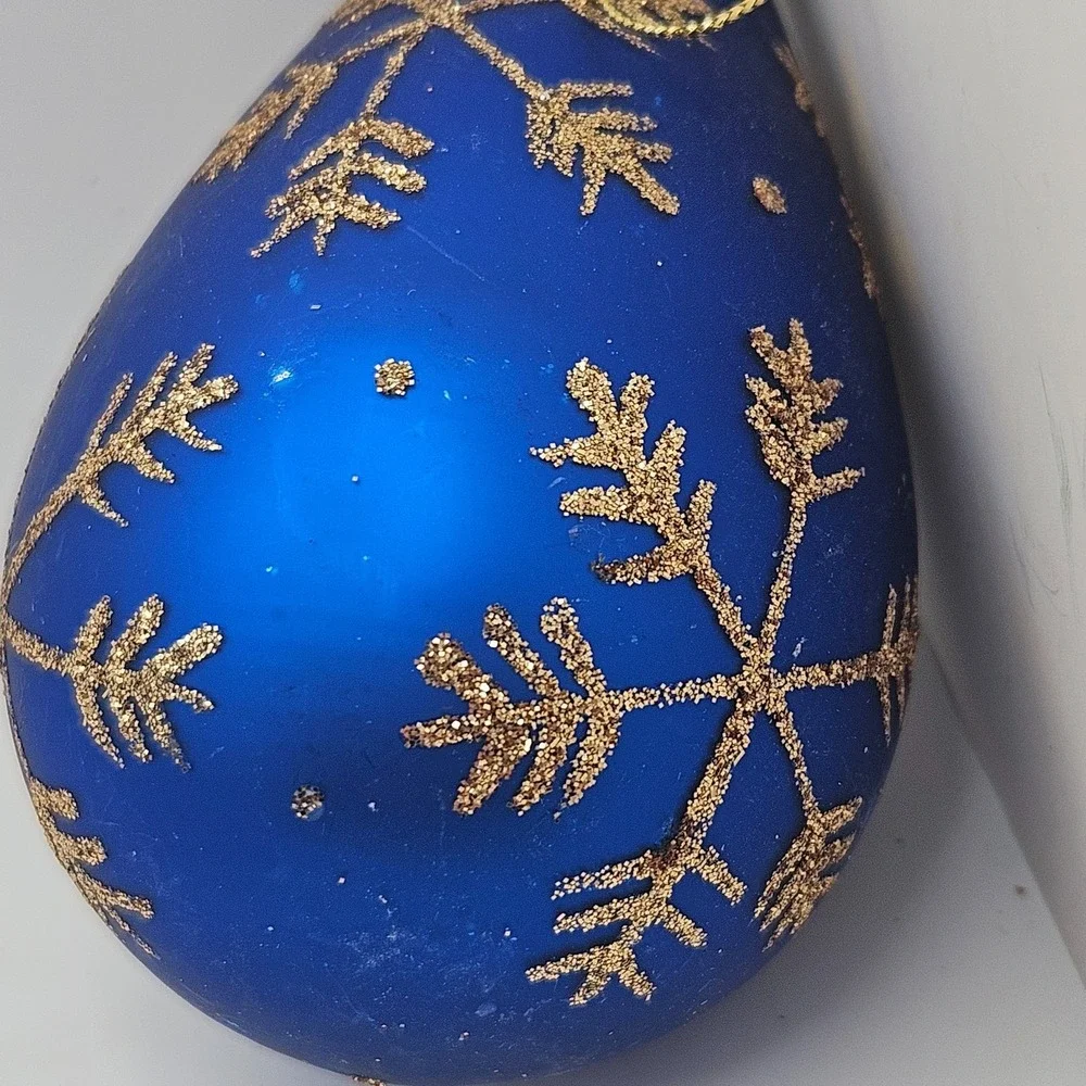 Vintage Blue Glass Teardrop Christmas Ornament Gold Glitter Snowflake Holiday